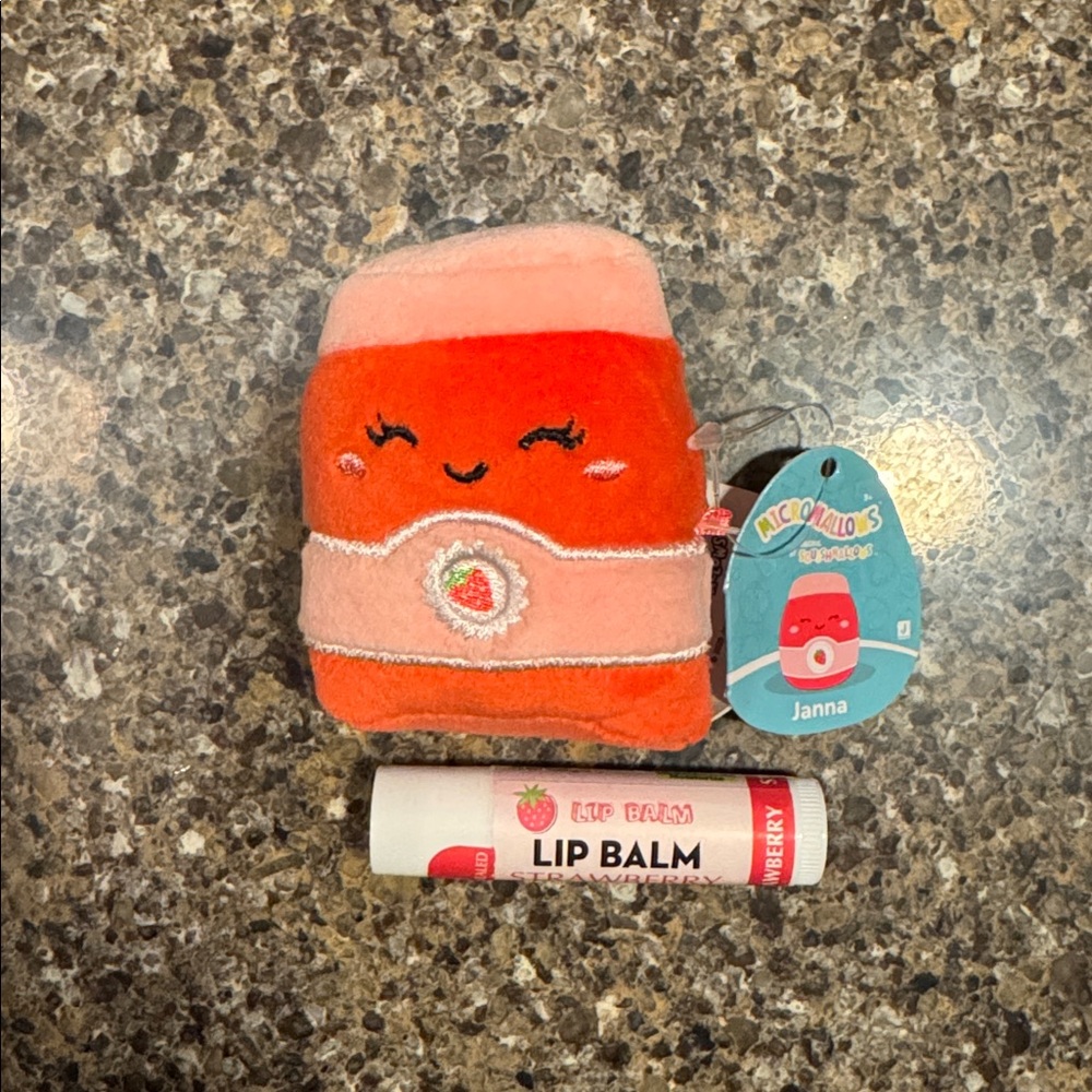 Cute Micromallows Squishmallow "Janna" with Strawberry Lip Balm NEW